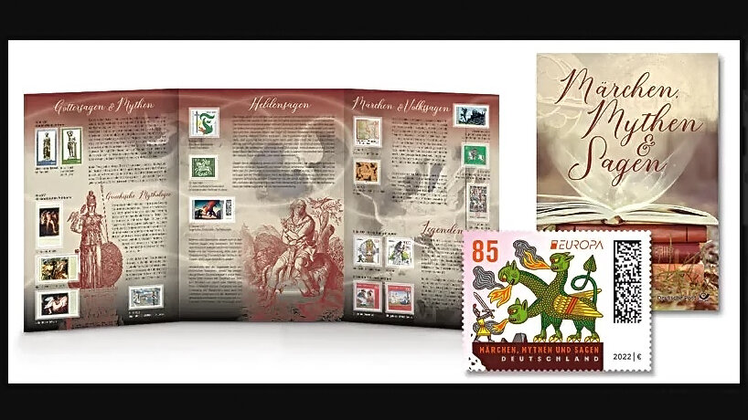 Буклет из 18 марок на тему сказок, мифов и драконов разных лет. Германия.