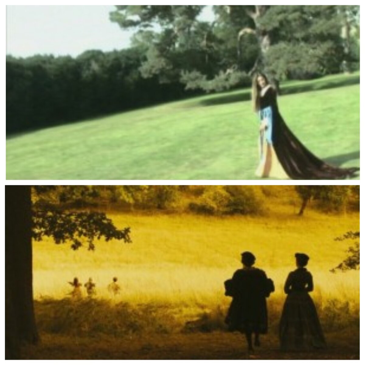 Вверху - кадр из фильма "Сестры Болейн" 2003 г.  
Внизу - кадр из фильма "Еще одна из рода Болейн" 2008 г. 