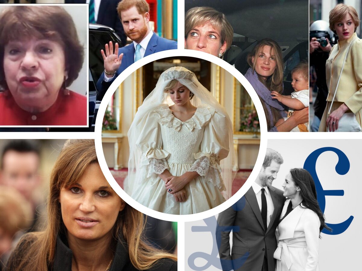 Анжела Левин -слева вверху- обвиняет принца Гарри в молчании; Джемима  Голдстмит- внизу- требует прекратить искажать факты в сериале «Корона», фотоколлаж автора