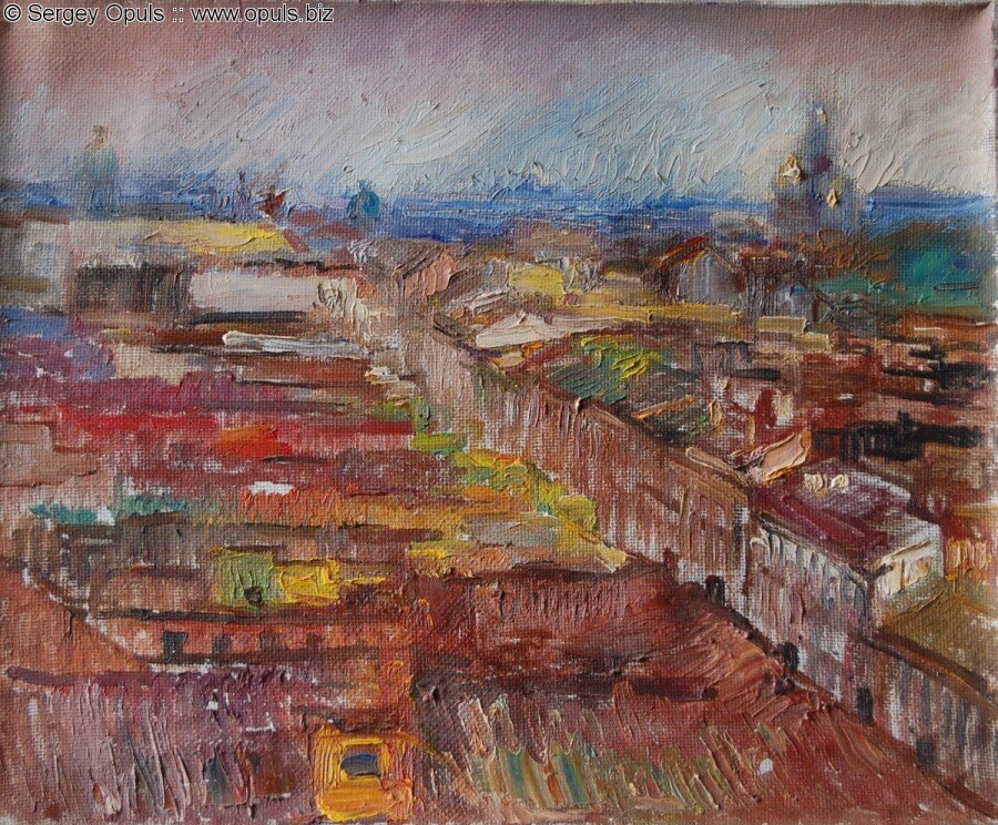 Невский пр. с курантов Московского вокзала (1994, холст, масло, 35 x 42 см)