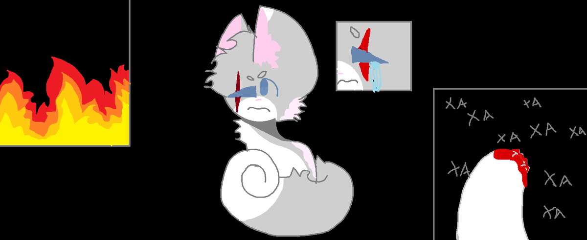 Пух:серый кот с белыми пятнами также у не шрам на глазу и ожоги на спине и на щеке