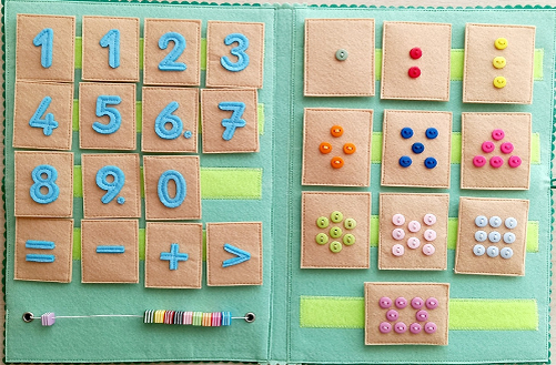Внутри планшета карточки с цифрами и математическими знаками и карточки с пуговками. На шнуре 10 бусин, тоже используемые для счёта.