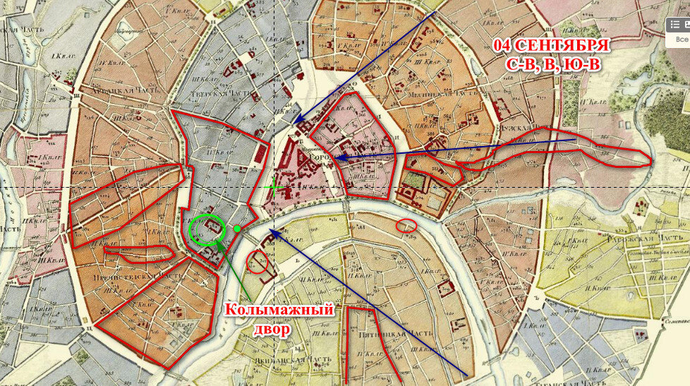Карта Москвы 1819 г.  с названиями частей и кварталов города. Зеленые кружки - Колымажный двор и Лебяжий переулок. Ветер С-В, В и Ю-В по свидетельству Сюрюга, Тутолмина, Раппа, Перовского, д'Изарна, Коленкура. 