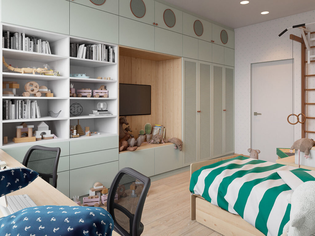 Зеленый, серый и много дерева. Современный интерьер трехкомнатная квартиры