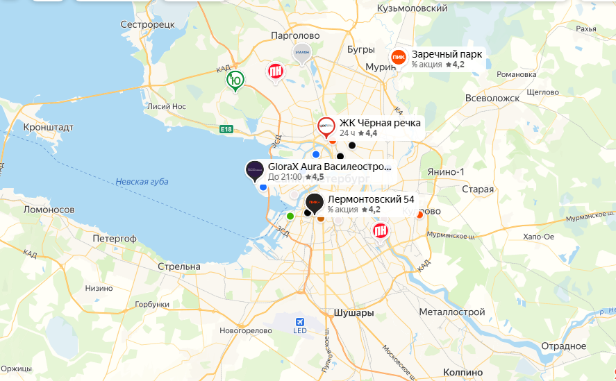 Карта застройщиков Питера, где высокая активность строительства и продажи жилья
