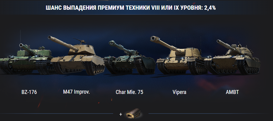 ШАНС ВЫПАДЕНИЯ ПРЕМИУМ ТЕХНИКИ VIII ИЛИ IX УРОВНЯ: 2,4%