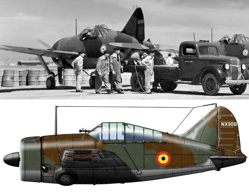 Бельгийский Brewster 339B (б/н NX90B) готовят к отправке в Европу на борту французского авианосца "Беарн" ("Bearn"). Галифакс, Канада. Июнь 40-го. После мытарств, машина была передана англичанам.