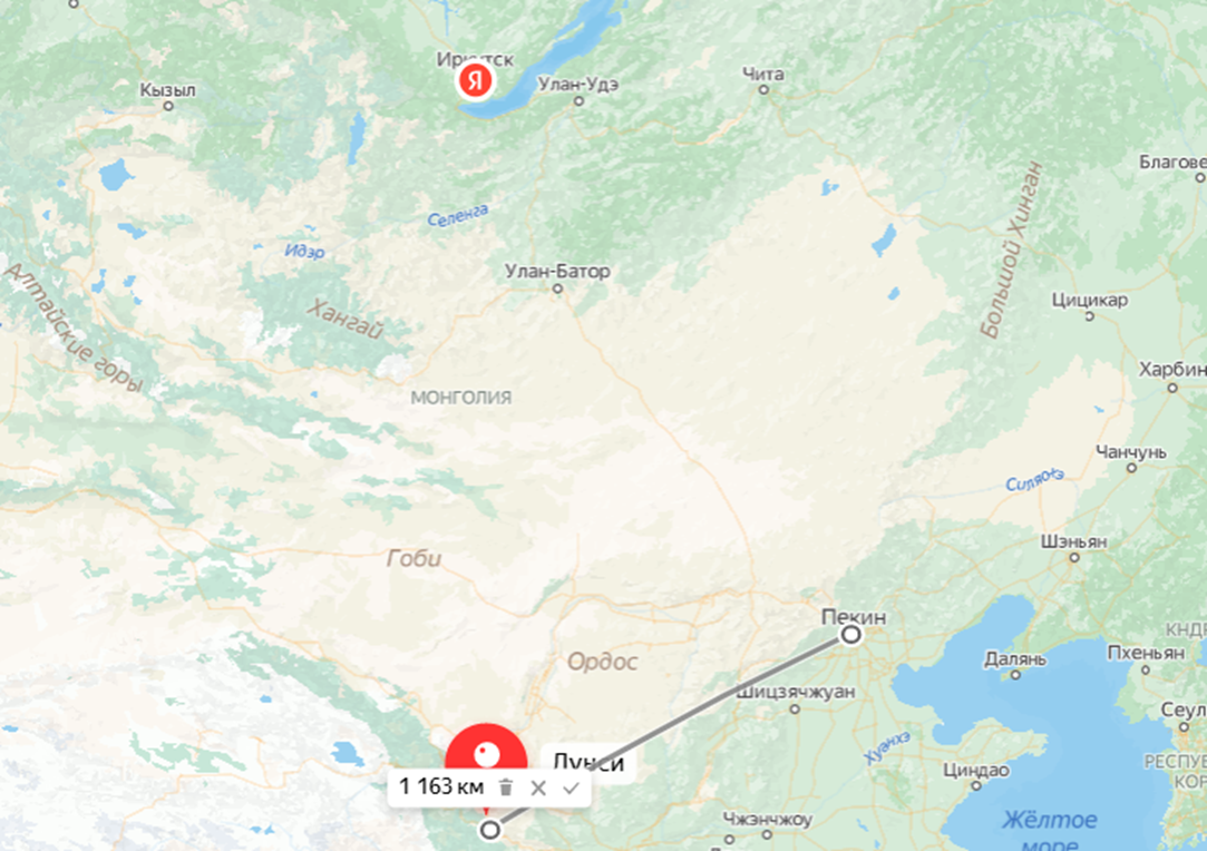 Расположение Лунси относительно Иркутска и Пекина