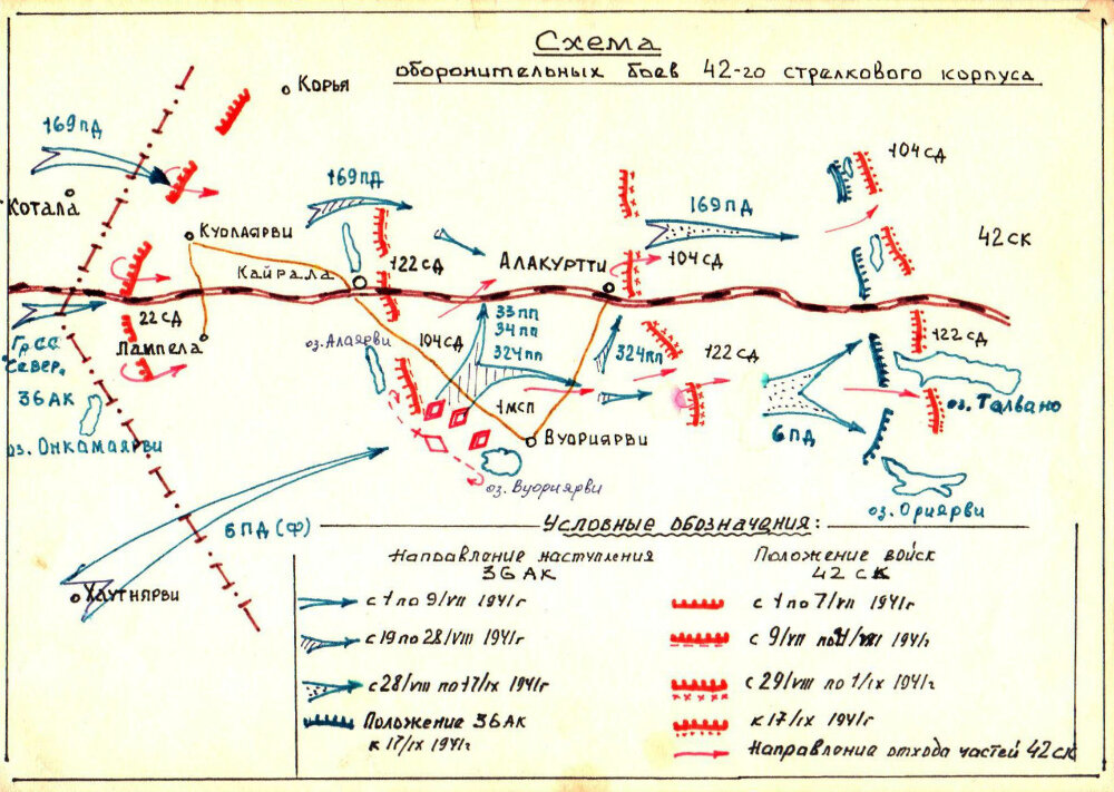 Схема оборонительных боев 42-го стрелкового корпуса (бой А.М. Грязнова и танкового взвода также отмечен на схеме). Источник: goskatalog.ru