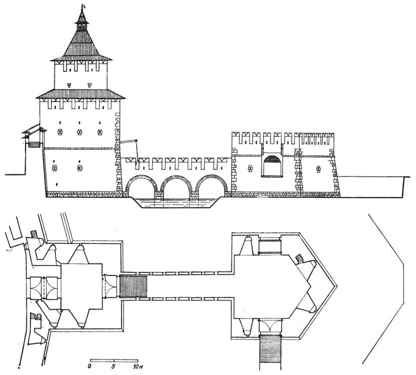 Реконструкция Дмитровской башни, моста и отводной башни (по С. Л. Агафонову)