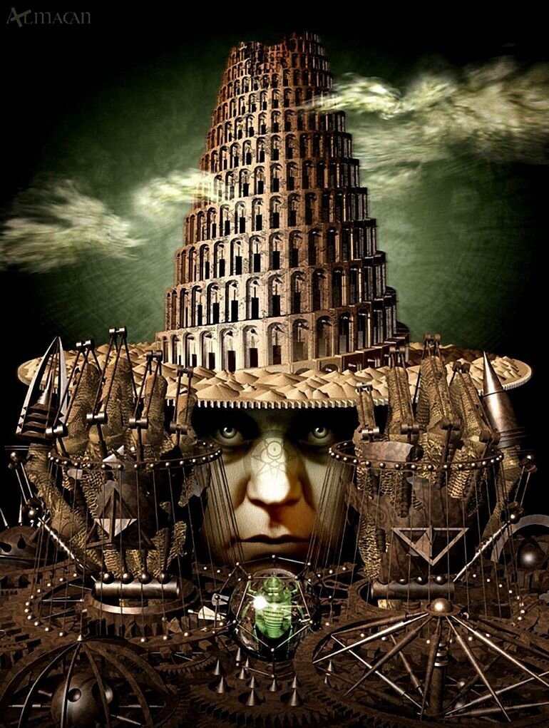 Казухико Накамура. «Башня Мозга» (Brain Tower). 2009. Это второй более современный вариант его картины «Башня Жука», в которой сочетаются библейские мотивы ветхозаветной Вавилонской башни и образ английского средневекового мага-сатаниста Алистера Кроули.