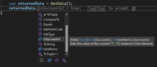 Инструмент автодополнения для кортежа отображает именованные элементы как свойства