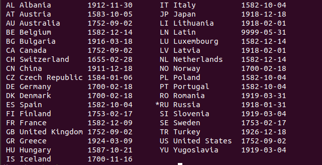 ncal -p Даты перехода на григорианский календарь. Линукс знает всё.