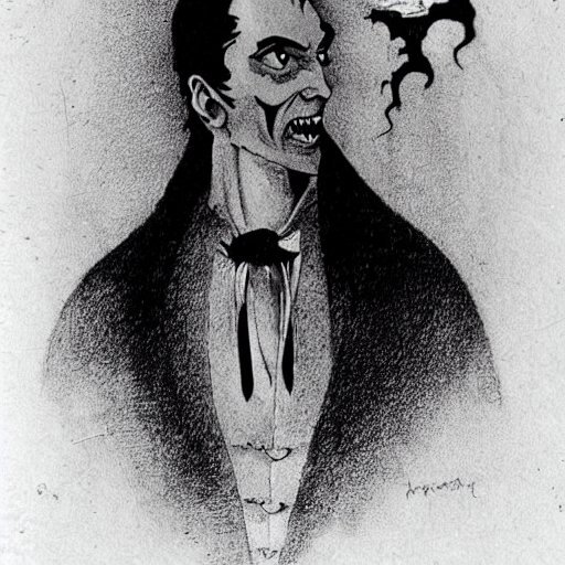 В романе граф Дракула описан как высокий, худощавого телосложения, человек с восковым, мертвенно-бледным лицом, на котором выделялись острый крючковатый нос, ярко-красные губы, острые зубы, белые как слоновая кость, имеющий алый оттенок глаза. Изображение по данному описанию сгенерировано с помощью Stable Diffusion