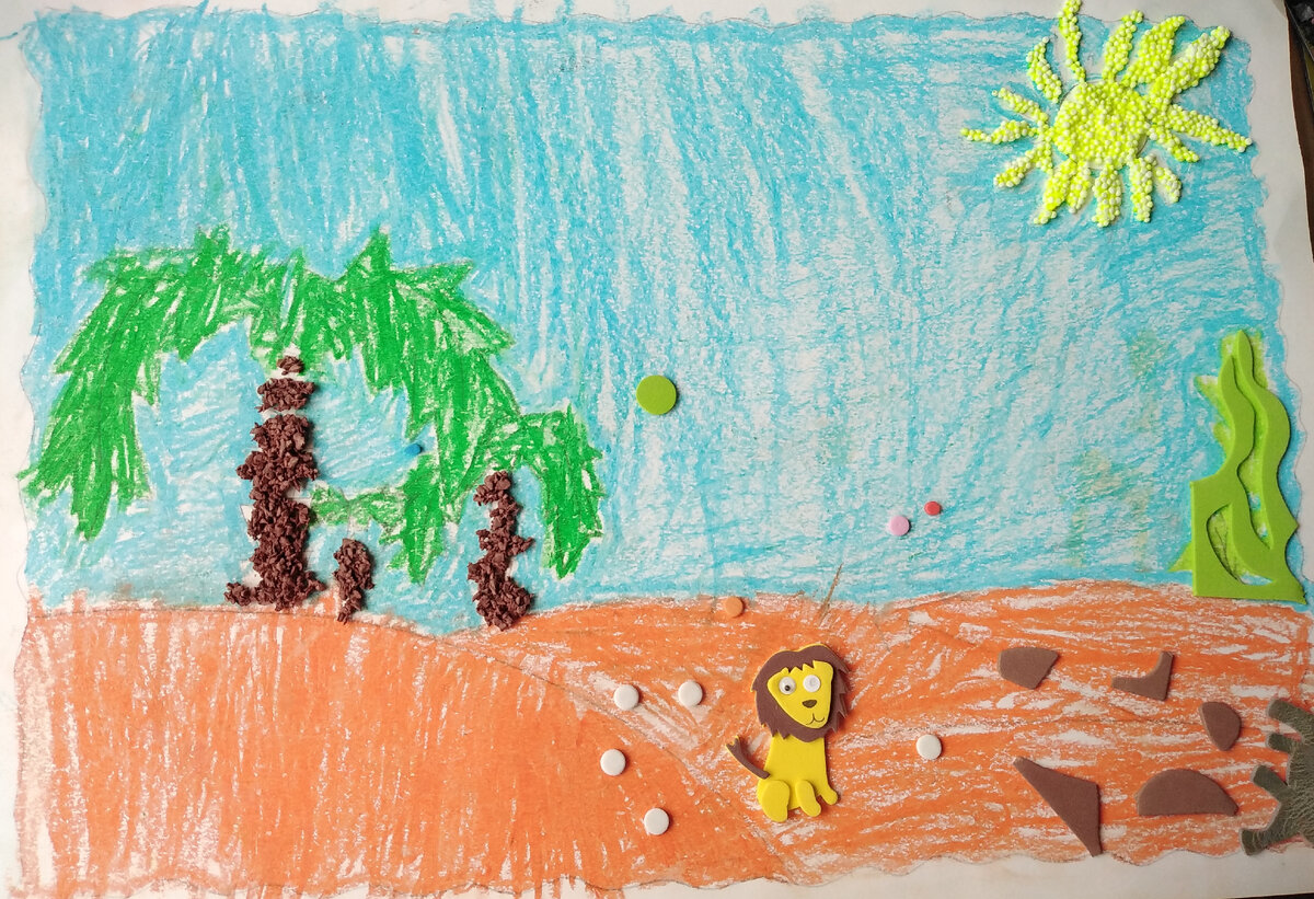 Рисунок с помощью восковых мелко в, объёмных фигур и текстурного пластилина. 4 года. 