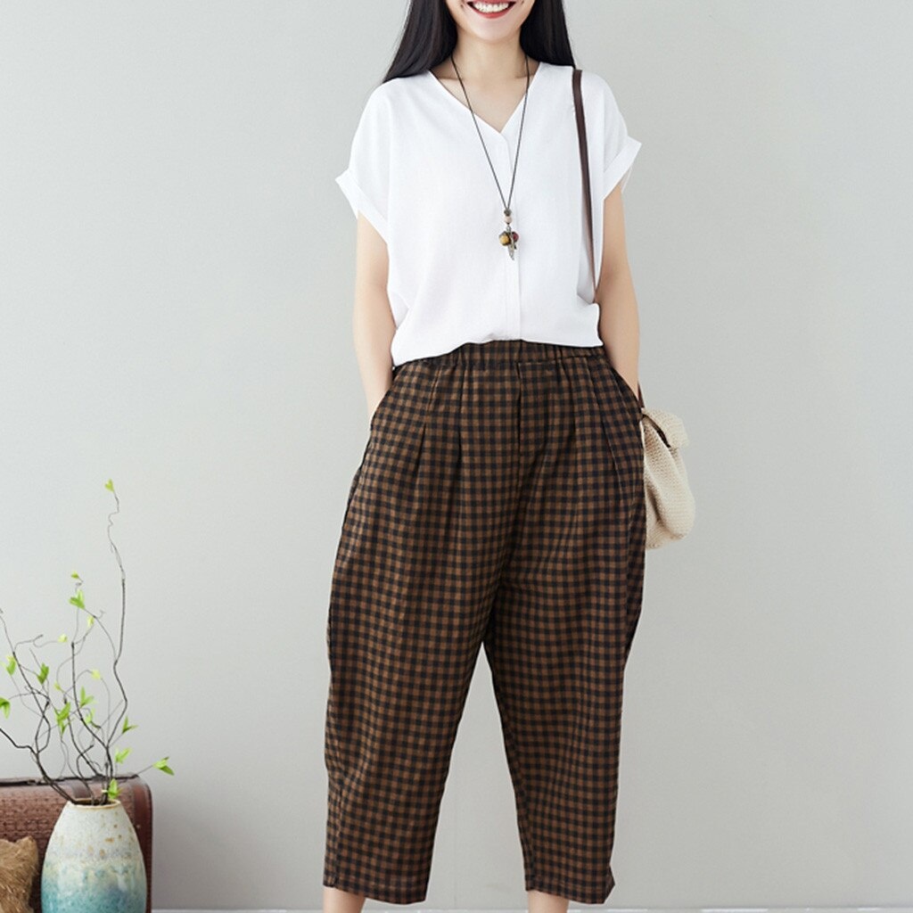 Широкие штаны женские с высокой талией клетчатые