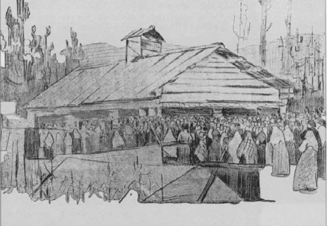 Молебен на могиле о. Павла. Рисунок из очерка В. Санина, 1910 года.