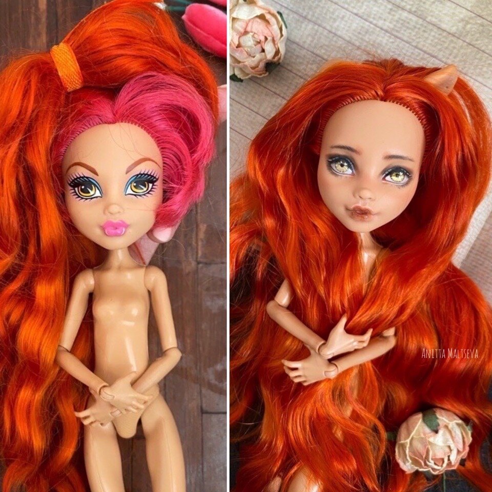 До и После перепрошивки волос и перерисовки личика куклы