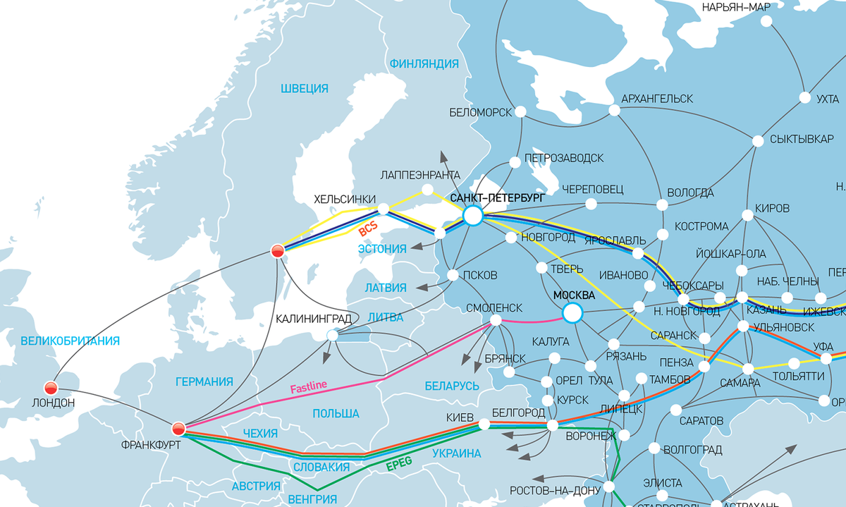 Карта магистральных оптических кабелей России. Карта подводных оптоволоконных кабелей.