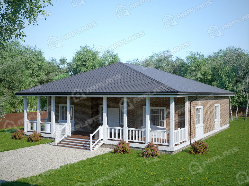 Фото 2 одноэтажного дома из газобетона с 3 спальнями, газовой котельной и террасой. Полезная площадь 175 кв м. Источник arplans.ru Проект К-143