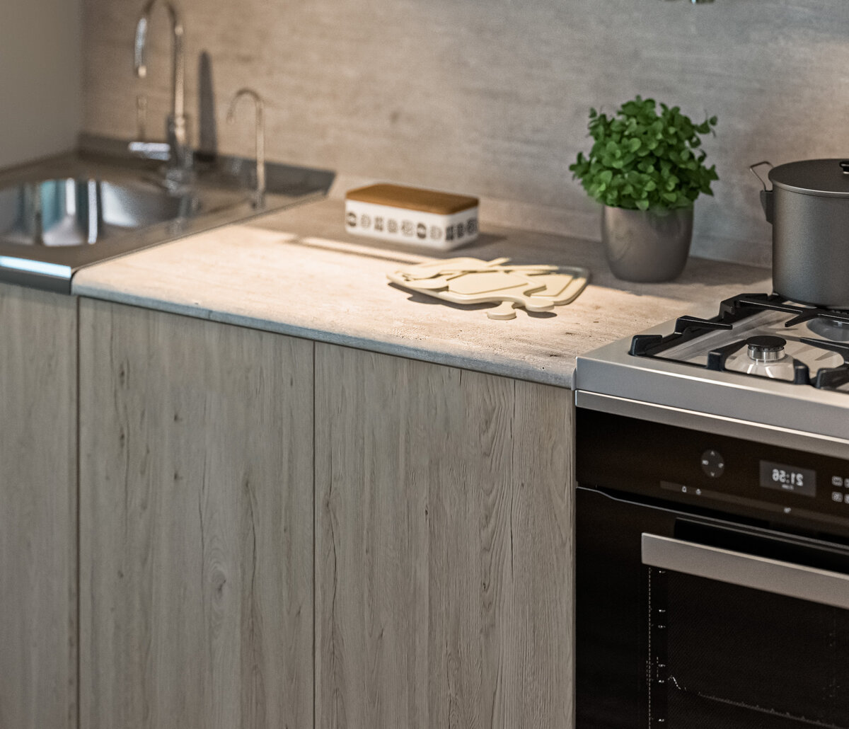 Сплошные фасады делают гарнитур не только стильным, но и крайне функциональным. Ручки не будут цепляться за одежду и мешать в процессе готовки. 