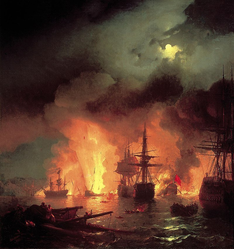 1770, 26 июня (7 июля) - В ночь на 26 июня отряд русских кораблей под командованием контр- адмирала С. К. Грейга под огнем турок вошел в Чесменскую бухту (Эгейское море) и уничтожил турецкий флот.  («Че́сменский бой». Худ. И.К. Айвазовский).