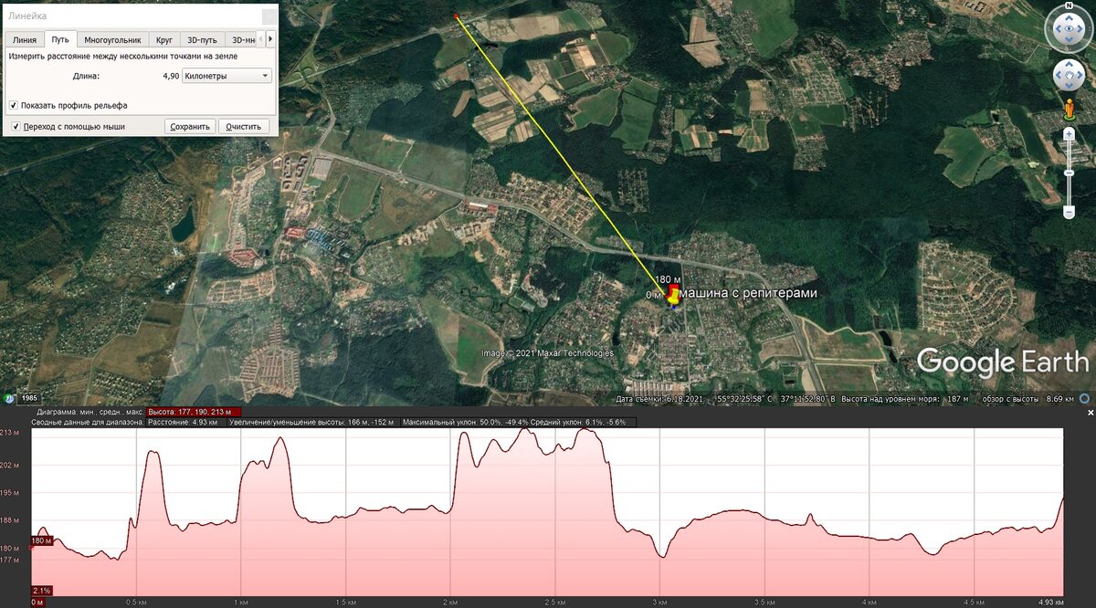 На первой контрольной точке рассояние между радиостанции было 4,9 км