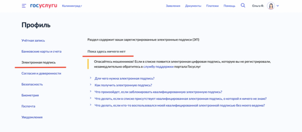 Если у вас есть электронная подпись, здесь будет информация о ней и о том, какой удостоверяющий центр её выпустил. Если подпись есть, а вы её не оформляли, надо разобраться. Скрин: Госуслуги.