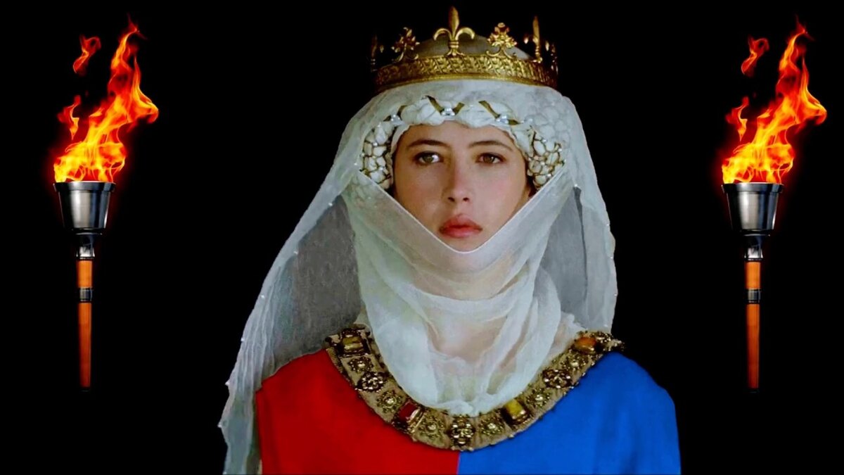 Изабелла Французская в исполнении Софи Марсо в фильме "Храброе сердце" (1995 год). В фильме Изабелла вступает в связь с Уильямом Уоллесом, казненным за год до ее приезда в Англию.