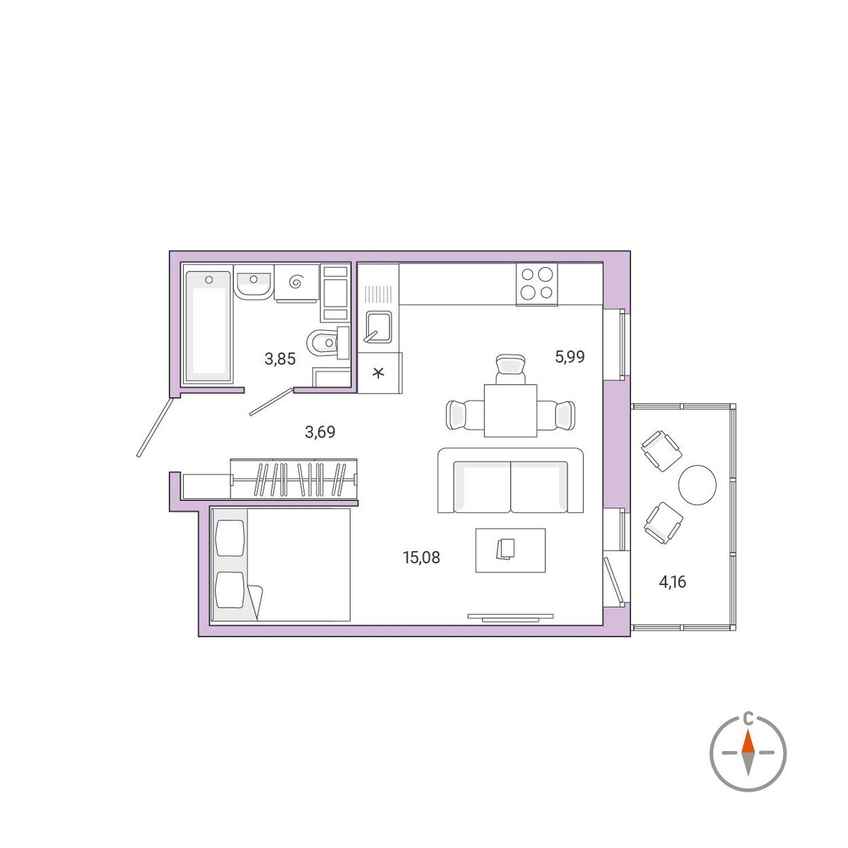 Студия площадью 30 кв. метров в квартале «Янила» (жилая площадь – 15 кв. метров)