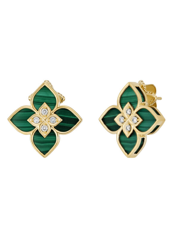 Серьги Roberto Coin Venetian Princess и розового золота с малахитом и рубинами
