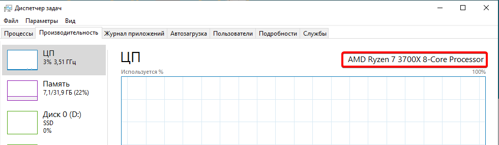 Модель процессора в диспетчере задач Windows