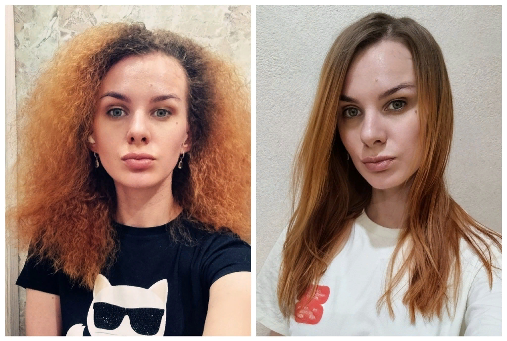 Слева — это то, как мои волосы выглядят сразу после расплетения. Да, грива объемная, но по волосам прям видно, как они требуют «напиться». Справа — результат после первого мытья с шампунем, маской, бальзамом и сывороткой Гиалурон Наполнитель