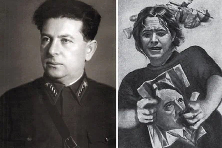 Лев Мехлис I Советская листовка. Немка разрывает портрет Гитлера, на обороте — стихотворение Эриха Вайнерта "Я обвиняю!". Фото © Wikipedia