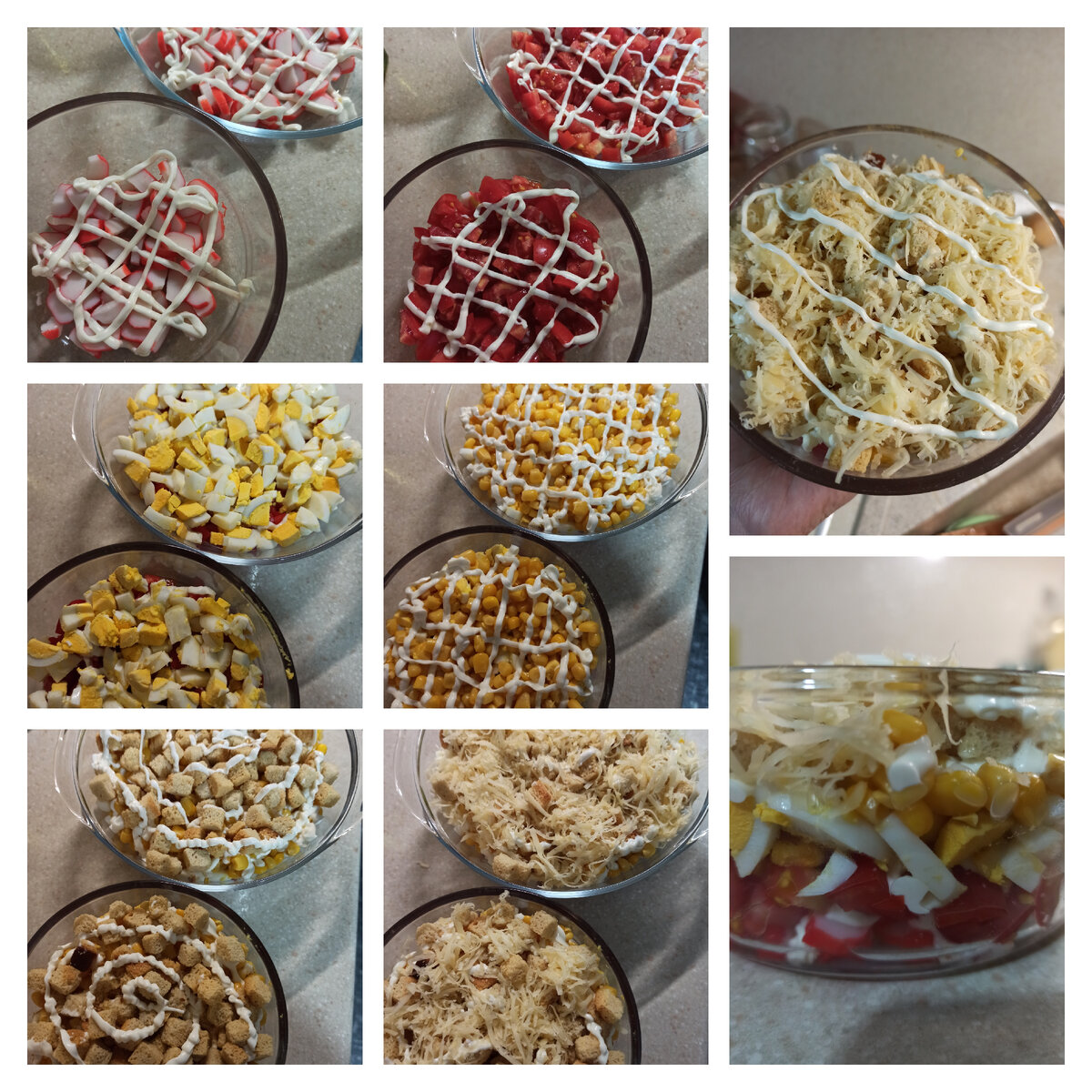 Крабовые палочки, помидоры, яйца, кукуруза, сухарики, сыр и между слоями майонез.