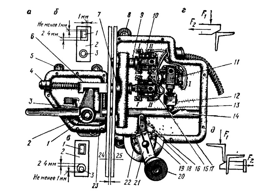 Рис. 1. Автоматический и неавтоматический замки дверей шахты лифтов модели КМЗ-1958.
а — конструкция, 1 — болт для крепления ручки, 2 — ручка внутренняя; 3 — пружина, 4 — ограничитель хода засова, 5 — болт для крепления неавтоматического замка, 6 — засов, 7 — упор, 8 — болт для крепления автоматического замка, 9 — упор, 10 — блок контакт контроля притвора двери шахты,11 — блок контакт контроля запирания двери шахты автоматическим замком, 12 — держатель упора, 13 — упор, 14 — ригель, 15 — блок-контакт контроля запирания двери шахты неавтоматическим замком, 16— внутренний рычаг автоматического замка, 17 — корпус замка, 18— пружина 19— гайка для фиксирования положения стяжного болта, 20 — резиновый ролик, 21 — внешний рычаг автоматического замка, 22 — стяжной болт, 23 — рычаг неавтоматического замка, 24 — полка притворного уголка двери шахты, 25 — полка уголка притворного стояка,б — отверстия в уголке притворного стояка, 1 — засов неавтоматического замка; 2 — полка уголка притворного стояка, 3 — ригель,в — отверстия в полке притворного уголка двери шахты, 1 — засов неавтоматического замка, 2—полка притворного уголка, 3 —ригель, г — силы, действующие на засов неавтоматического замка при закрывании двери, д — силы, действующие на упор и шток блок контакта контроля притвора двери шахты.