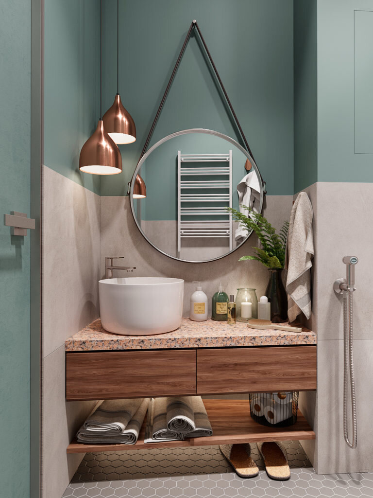 Зеленый, серый и много дерева. Современный интерьер трехкомнатная квартиры