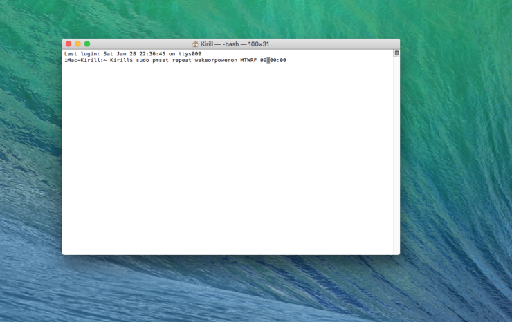    Вот такая команда устанавливает включение компьютера по будням в 9 утра