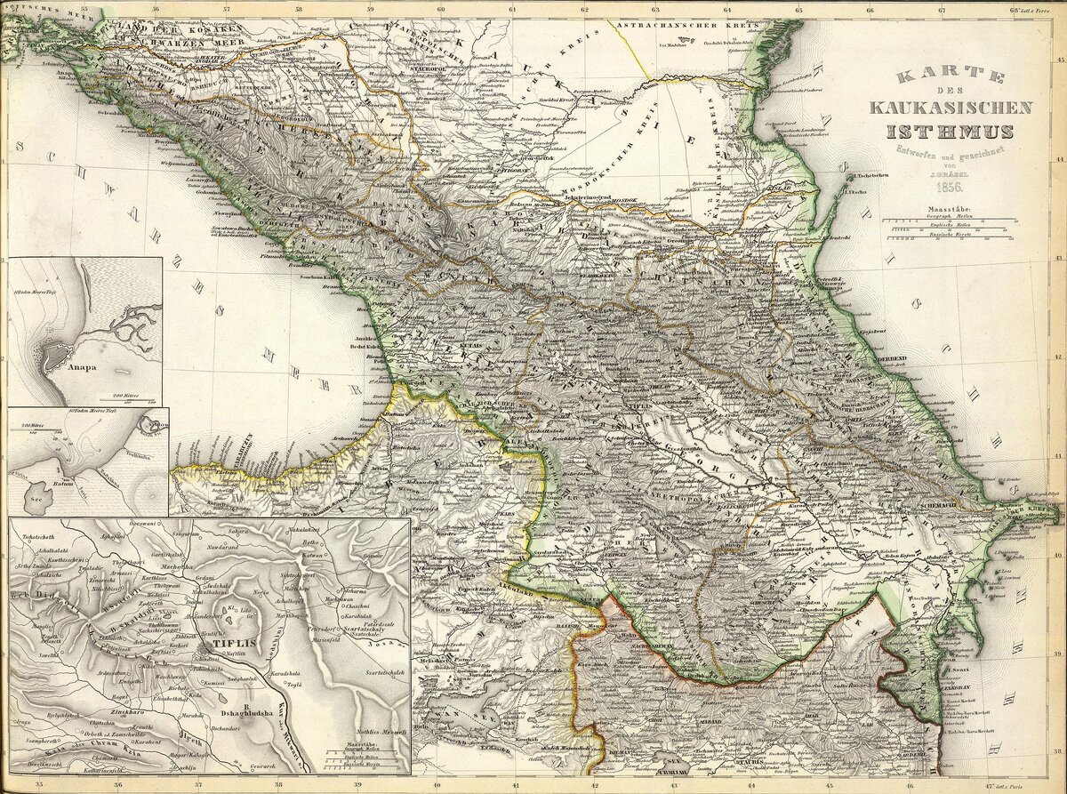 Meyer, Joseph. Karte des Kaukasischen Isthmus. Entworfen und gezeichnet von J. Grassl, 1856.