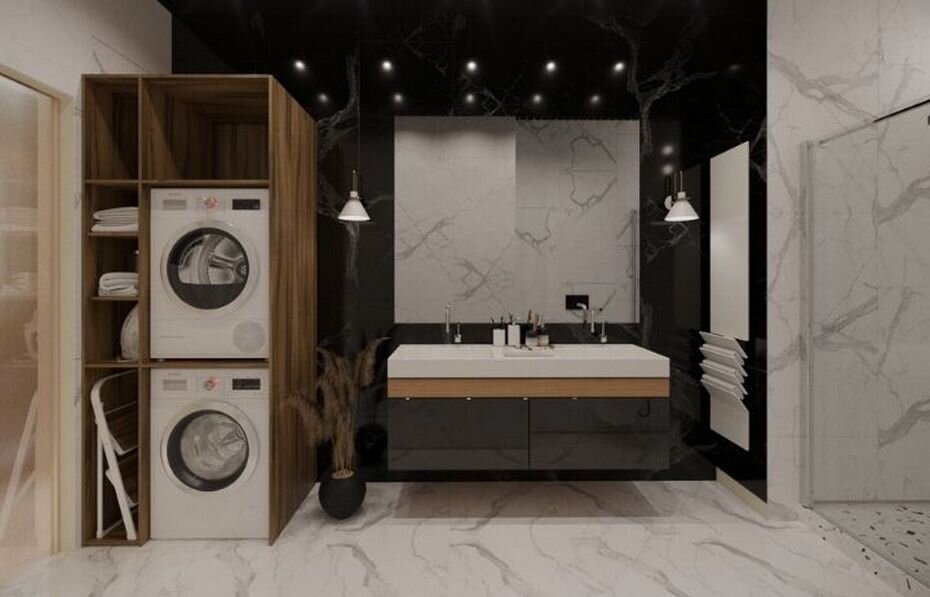 Ванная комната с душевой и стиральной машиной и раковиной дизайн