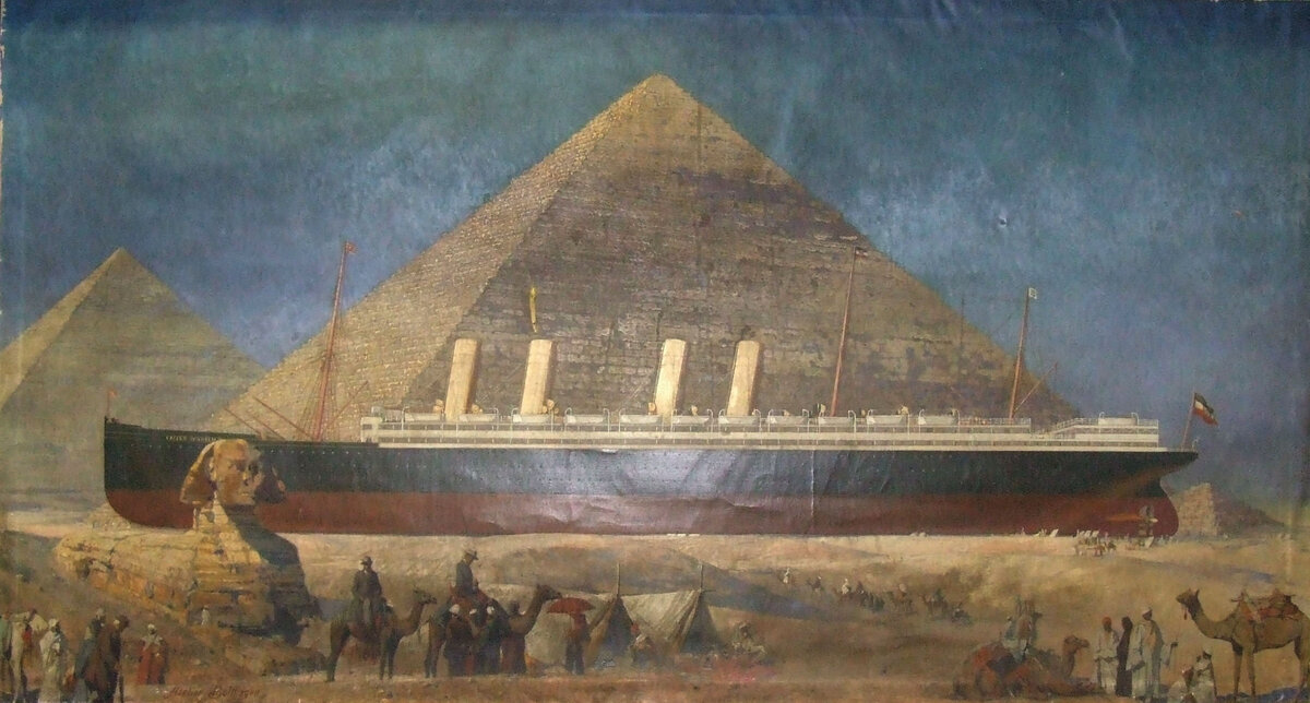 Отто Болльхаген.  "Пароход "Кайзер Вильгельм II" на фоне Великой пирамиды". 
Источник: https://blog.marinersmuseum.org/2014/02/artifact-of-the-month-painting-of-ss-kaiser-wilhelm-ii/