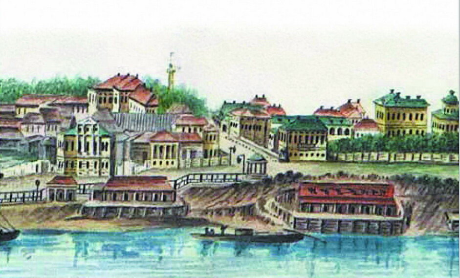 Вид Перми. Фрагмент акварели 1832 года. Дом Елисея Чадина виден слева вверху