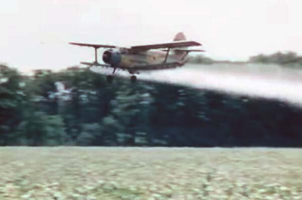Самолет сельхозавиации АН-2 распыляет пестициды. Кадр из советского документального фильма "Воздушные хлеборобы" (1984)