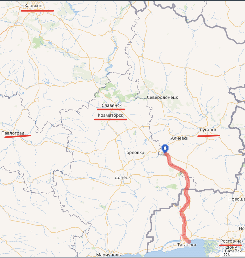 Миус-фронт - толстым красным маркером. Рисунок Автора