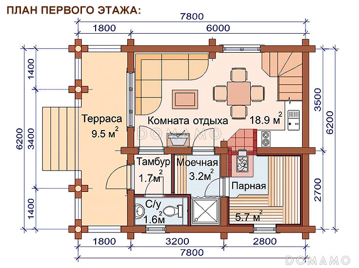 Проект бани 4 на 4 из пеноблоков с пристроенной крытой террасой