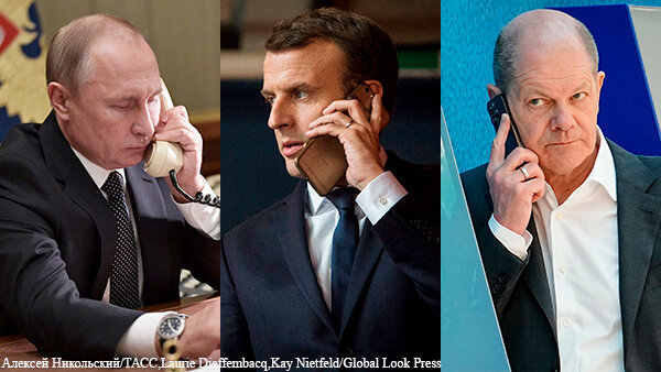 Владимир Путин отвечает на звонок Макрона (президента Франции) и Шольца (канцлера Германии).  Фото из интернета.