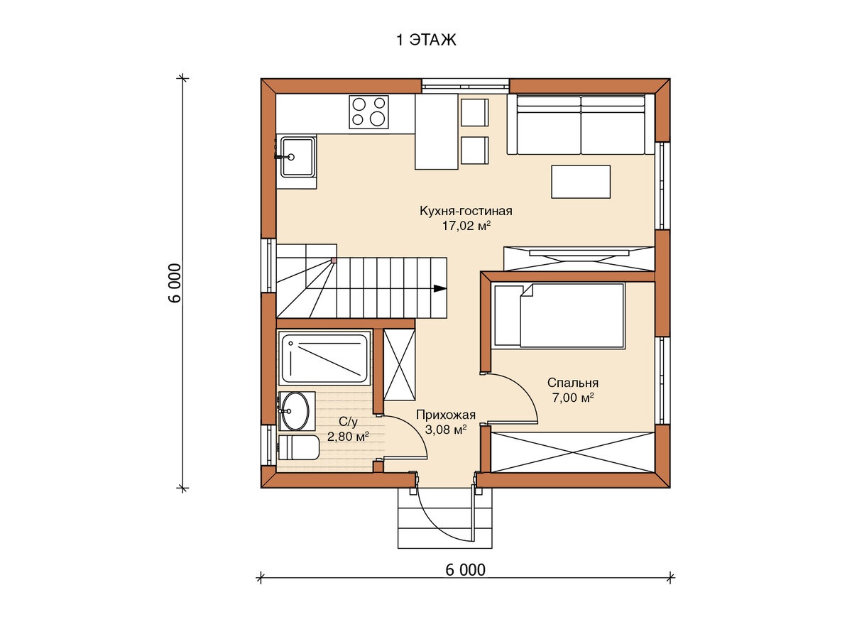 Планировка 1 этажа каркасного дома 6х6 60 м2 "Вудсток" 