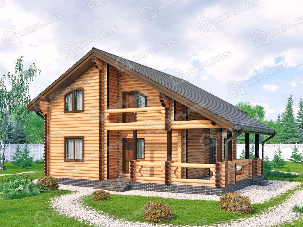 Фото 1 деревянного двухэтажного дома из бревна с мансардой, 4 спальнями, кабинетом, балконом, газовой котельной и террасой. Общая площадь 170 кв м. Источник arplans.ru Проект ДО-124