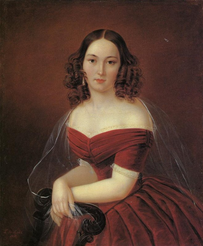 Яковлев Гавриил Иванович. Портрет Елизаветы Александровны Пушкиной, урожденной Загряжской. 1847 год. Холст, масло. Из собрания Института русской литературы (Пушкинский дом). Это портрет жены Льва Сергеевича Пушкина, брата поэта.