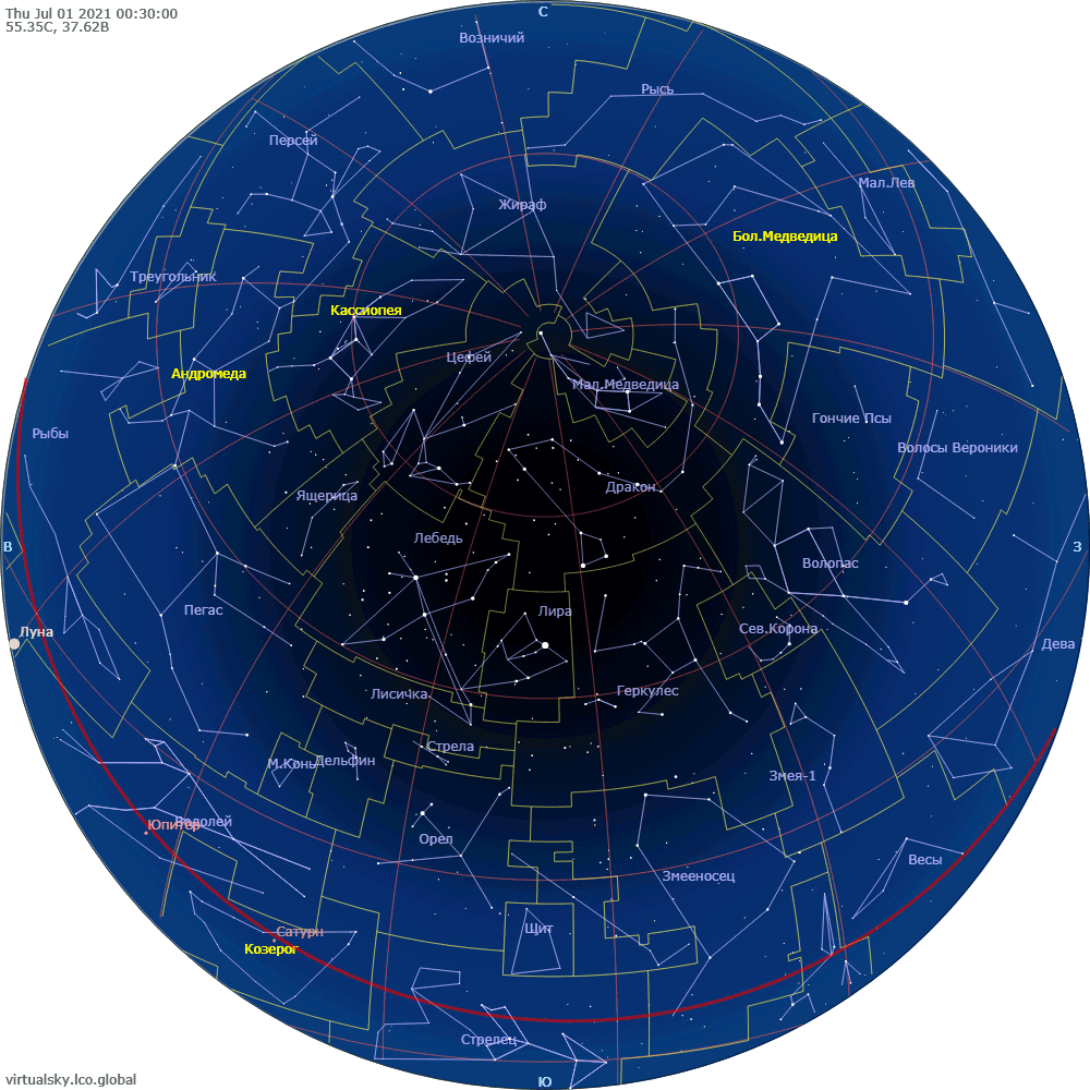 вездное небо над Москвой в полночь 1 июля 2021